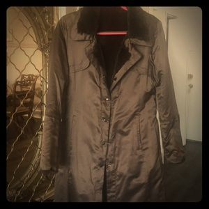 Brown rabbit fur lined satin reversible coat.